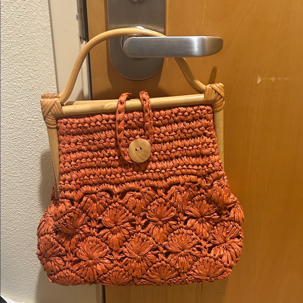 Lovely Floral Coral Handmade Paper Straw Purse W/Bamboo Handles+Button Closure